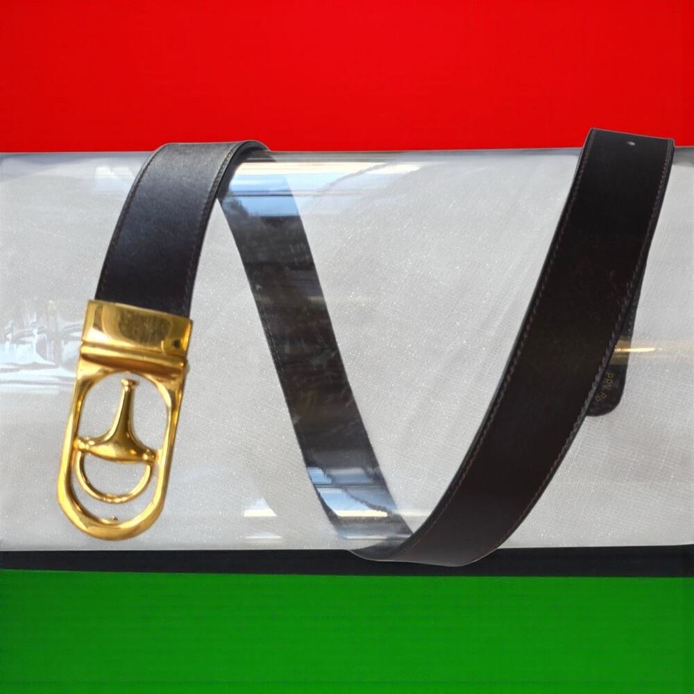 Vintage Gucci Stirrup Buckle Brown Leather Belt Gold Tone Small